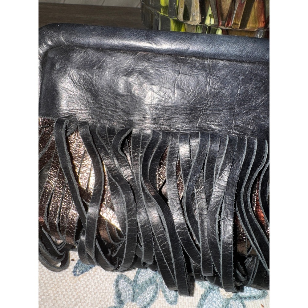 KATHERINE KWEI Black Leather Fringe Clutch Bag New York Evening Occasion - Picture 3 of 11